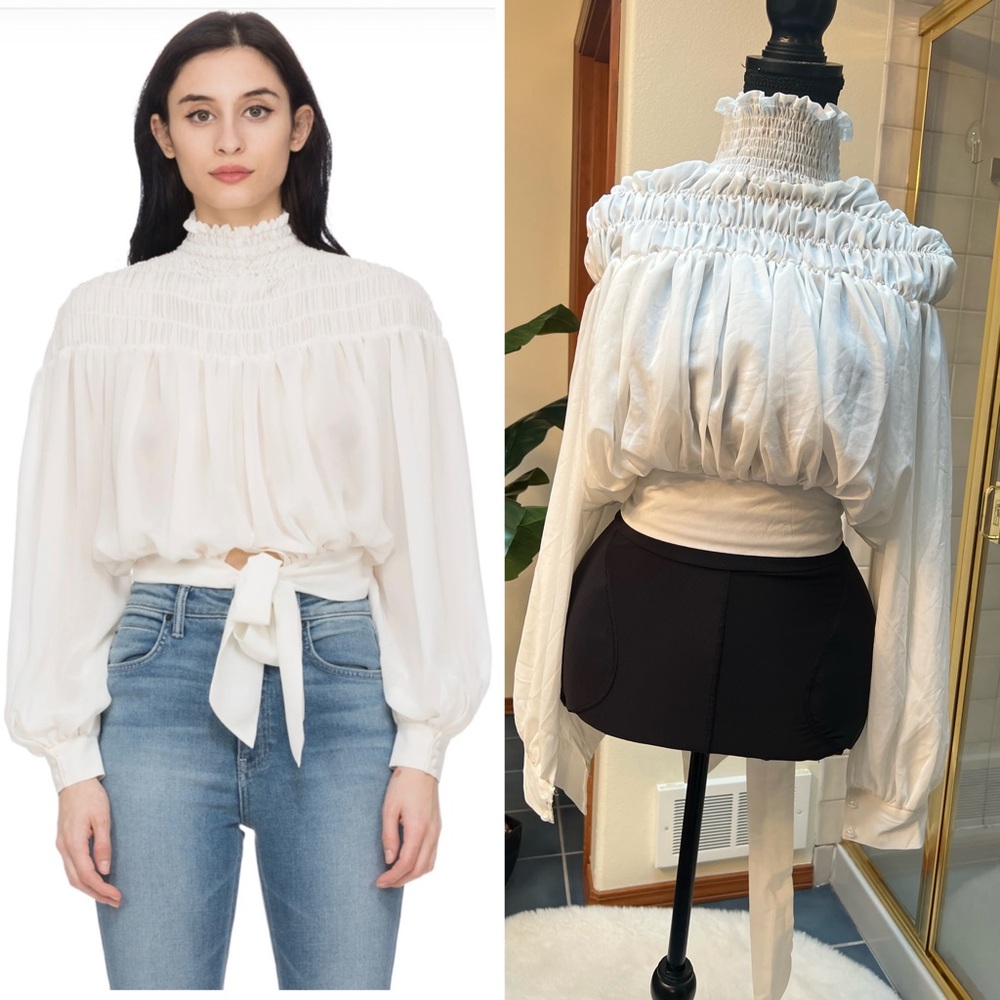 Smocked tied back long sleeve chiffon top